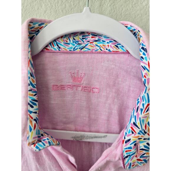 Bertigo Men’s S Pink 100% Linen Short Sleeve Button Up Shirt Summer Casual Smart - Picture 3 of 8